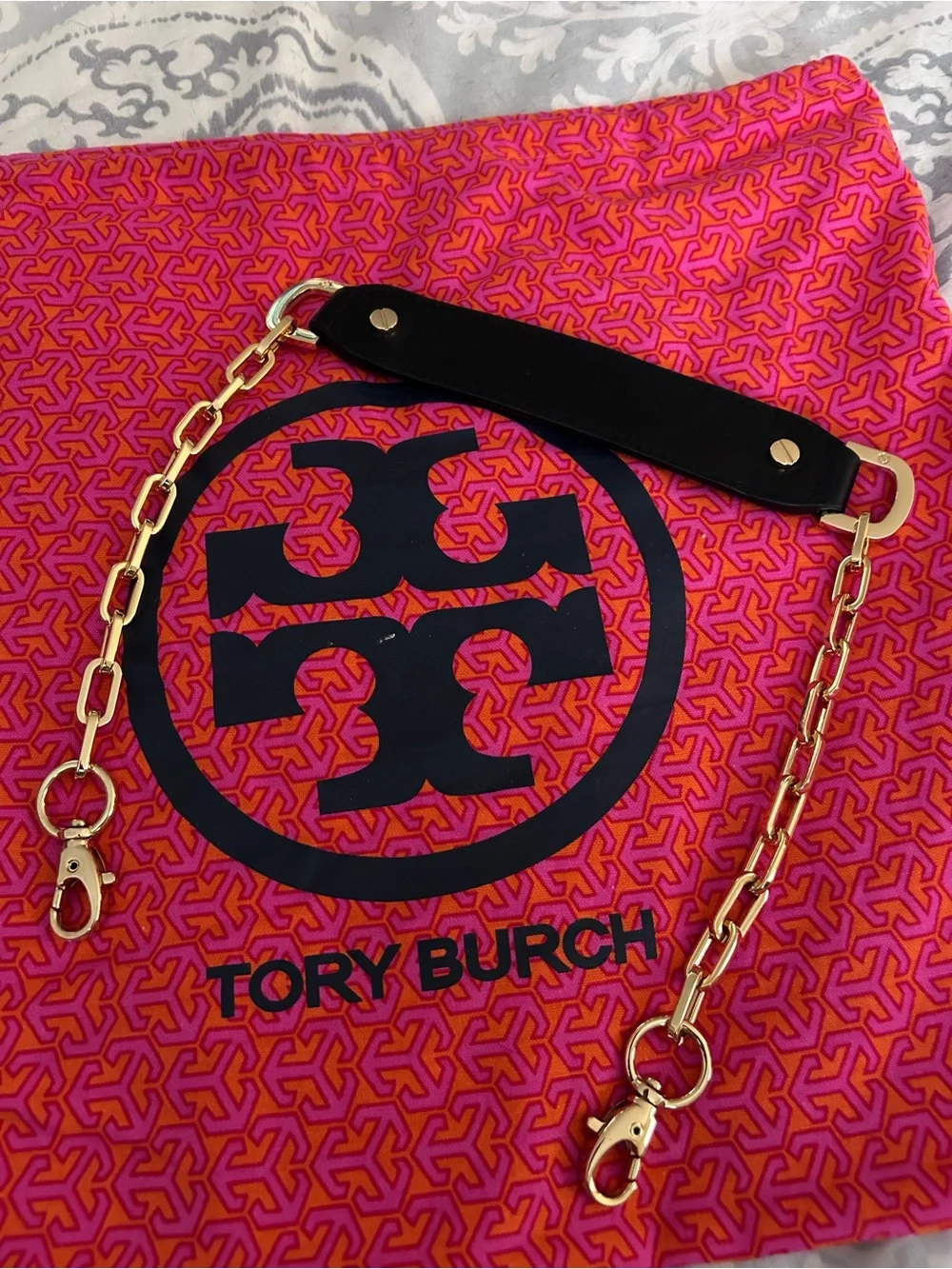 Tory Burch Black Leather Wristlet Clutch with Gold Chain